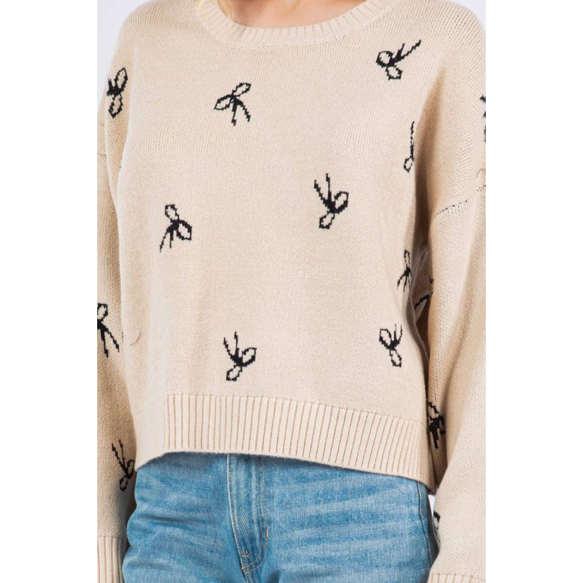 Bow Pattern Pullover Sweater oatmeal front | MILK MONEY milkmoney.co | cute clothes for women. womens online clothing. trendy online clothing stores. womens casual clothing online. trendy clothes online. trendy women's clothing online. ladies online clothing stores. trendy women's clothing stores. cute female clothes.