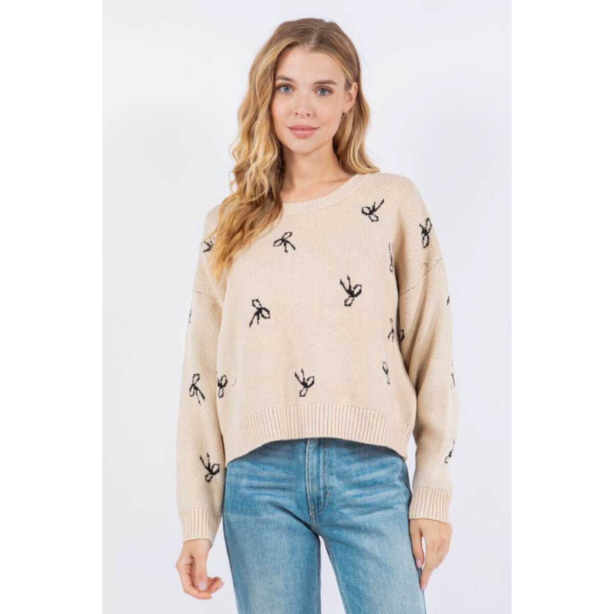 Bow Pattern Pullover Sweater oatmeal front | MILK MONEY milkmoney.co | cute clothes for women. womens online clothing. trendy online clothing stores. womens casual clothing online. trendy clothes online. trendy women's clothing online. ladies online clothing stores. trendy women's clothing stores. cute female clothes.