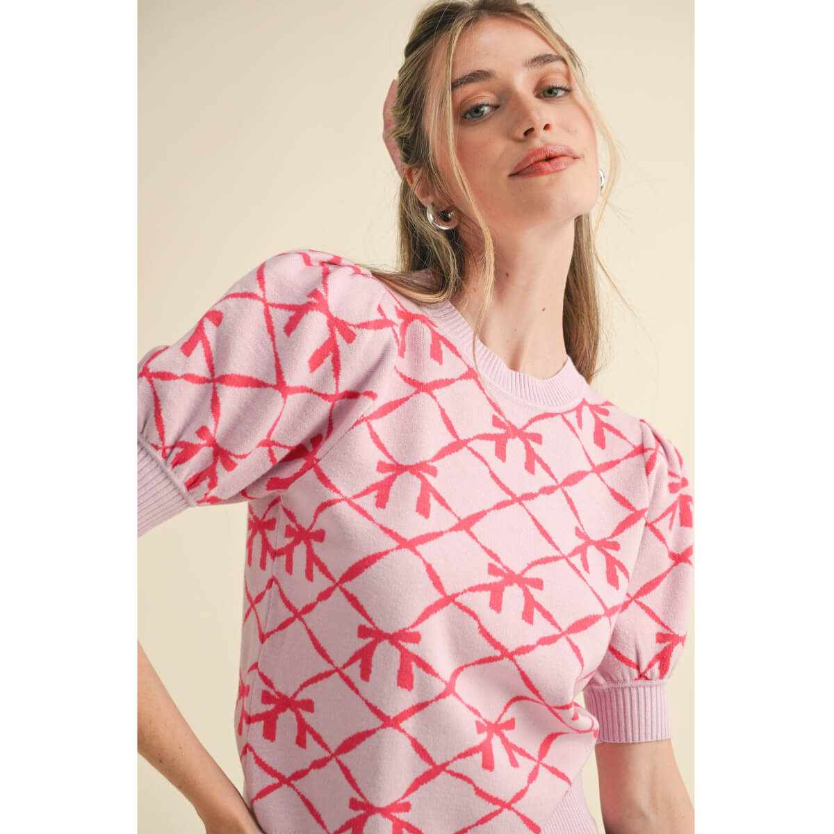 Bow Pattern Short Sleeve Sweater pink front | MILK MONEY milkmoney.co | cute sweaters for women, cute knit sweaters, cute pullover sweaters
