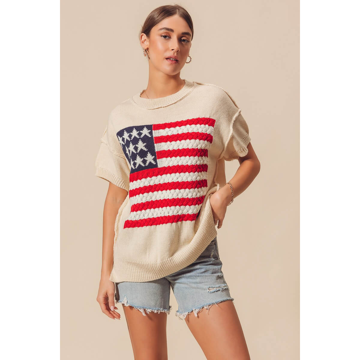 Braided American Flag Sweater Tee front ivory | MILK MONEY milkmoney.co | cute tops for women. trendy tops for women. cute blouses for women. stylish tops for women. pretty womens tops.