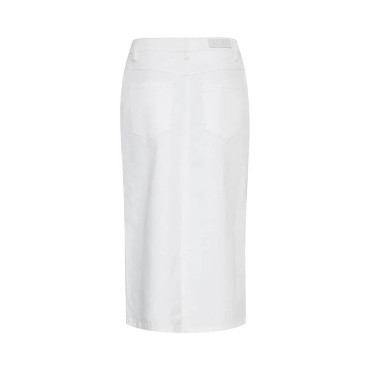 Button Front Denim Midi Skirt white back | MILK MONEY milkmoney.co | cute clothes for women. womens online clothing. trendy online clothing stores. womens casual clothing online. trendy clothes online. trendy women's clothing online. ladies online clothing stores. trendy women's clothing stores. cute female clothes.