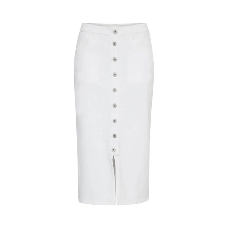 Button Front Denim Midi Skirt white front | MILK MONEY milkmoney.co | cute clothes for women. womens online clothing. trendy online clothing stores. womens casual clothing online. trendy clothes online. trendy women's clothing online. ladies online clothing stores. trendy women's clothing stores. cute female clothes.