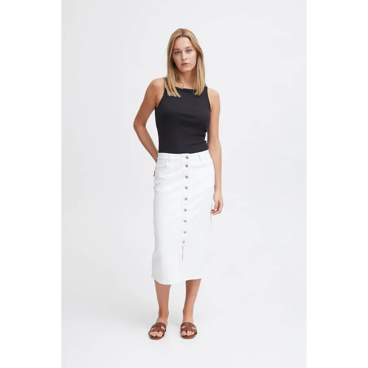 Button Front Denim Midi Skirt white front | MILK MONEY milkmoney.co | cute clothes for women. womens online clothing. trendy online clothing stores. womens casual clothing online. trendy clothes online. trendy women's clothing online. ladies online clothing stores. trendy women's clothing stores. cute female clothes.