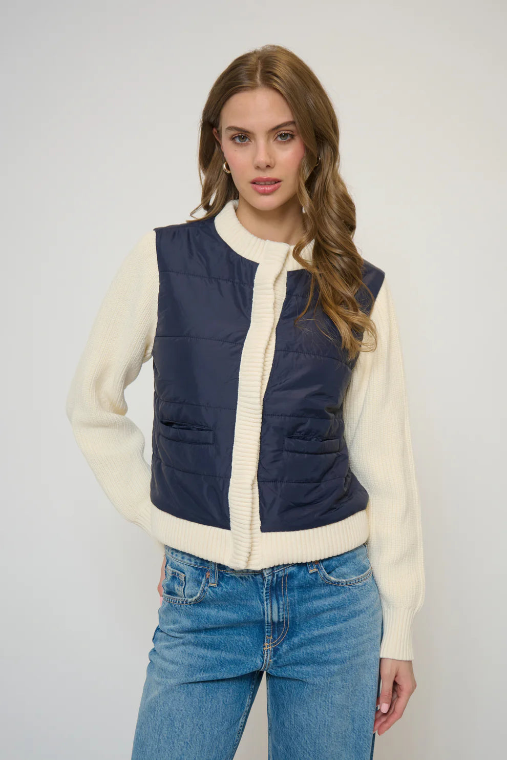 Nylon Quilted Jacket w/ Sweater Sleeves