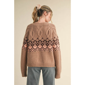 Cable Knit Fair Isle Sweater brown back | MILK MONEY milkmoney.co | cute clothes for women. womens online clothing. trendy online clothing stores. womens casual clothing online. trendy clothes online. trendy women's clothing online. ladies online clothing stores. trendy women's clothing stores. cute female clothes.
