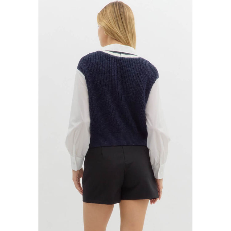 Cable Knit V-Neck Shirt Cardigan blue back | MILK MONEY milkmoney.co | cute tops for women. trendy tops for women. cute blouses for women. stylish tops for women. pretty womens tops. 
