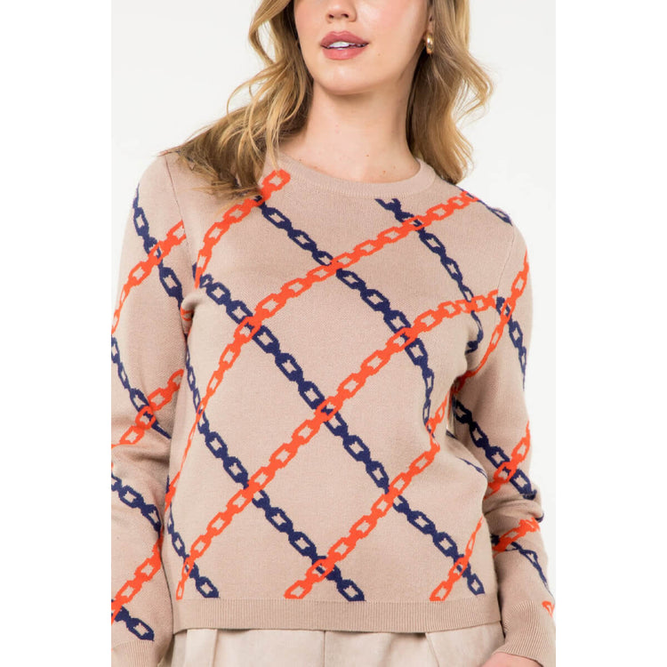 Chain Print Crew Neck Sweater  taupe front | MILK MONEY milkmoney.co | cute tops for women. trendy tops for women. cute blouses for women. stylish tops for women. pretty womens tops. 