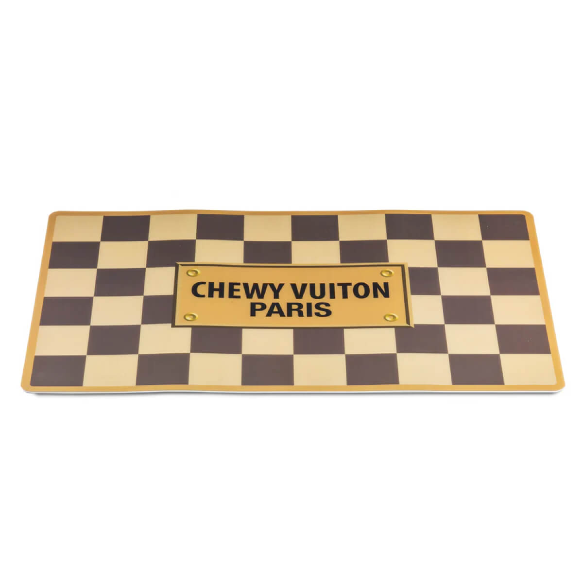 Checker Chewy Vuiton Dog Bowl Placemat brown top | MILK MONEY milkmoney.co | white elephant gift ideas, gift, mother's day gift ideas, white elephant gift, gift shops near me, cute home decor, mother's day gift, cute home accents, handmade in USA, elegant home decor
