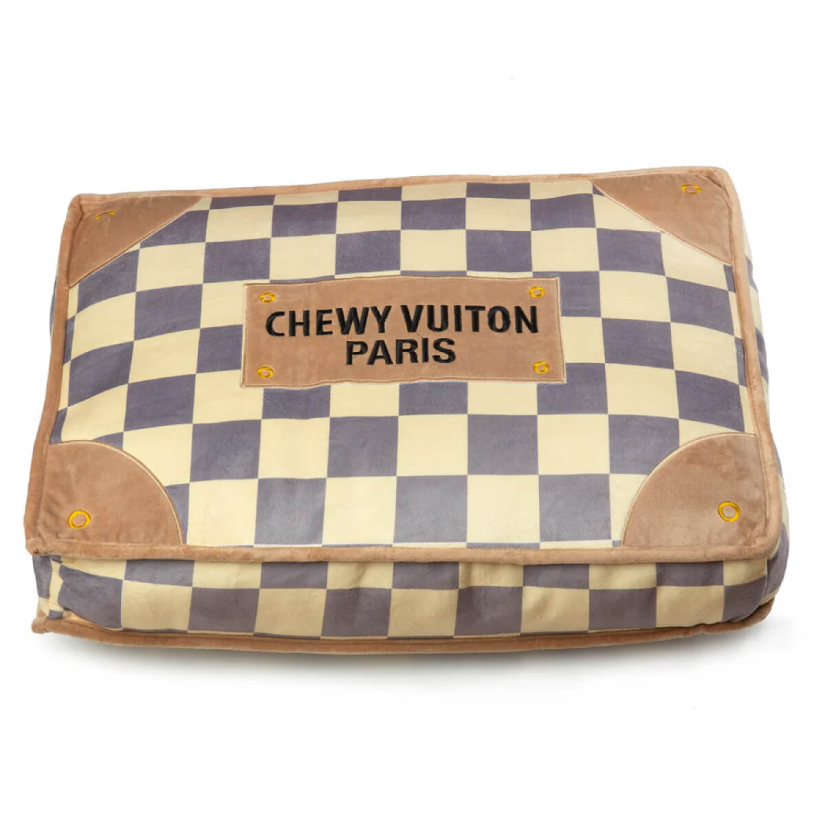 Checker Chewy Vuiton Plush Pet Bed brown front | MILK MONEY milkmoney.co | white elephant gift ideas, gift, mother's day gift ideas, white elephant gift, gift shops near me, cute home decor, mother's day gift, cute home accents, handmade in USA, elegant home decor
