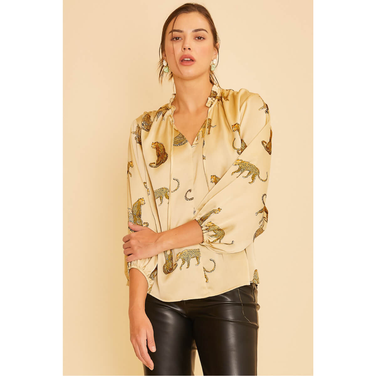 Cheetah V-Neck Satin Blouse ivory front | MILK MONEY milkmoney.co | cute tops for women. trendy tops for women. cute blouses for women. stylish tops for women. pretty womens tops.