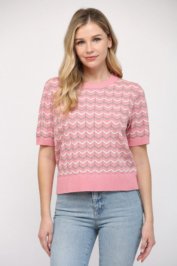 Chevron Knit Short Sleeve Sweater pink front | MILK MONEY milkmoney.co | cute tops for women. trendy tops for women. cute blouses for women. stylish tops for women. pretty womens tops. 