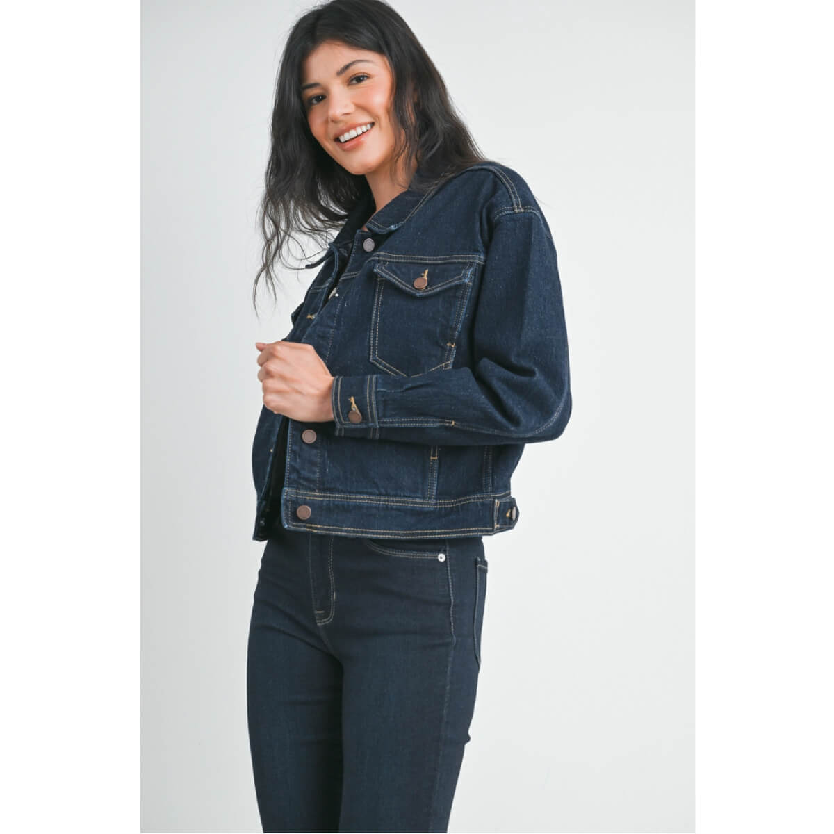 Classic Dark Denim Jacket blue side | MILK MONEY milkmoney.co | cute jackets for women. cute coats. cool jackets for women. stylish jackets for women. trendy jackets for women. trendy womens coats.
