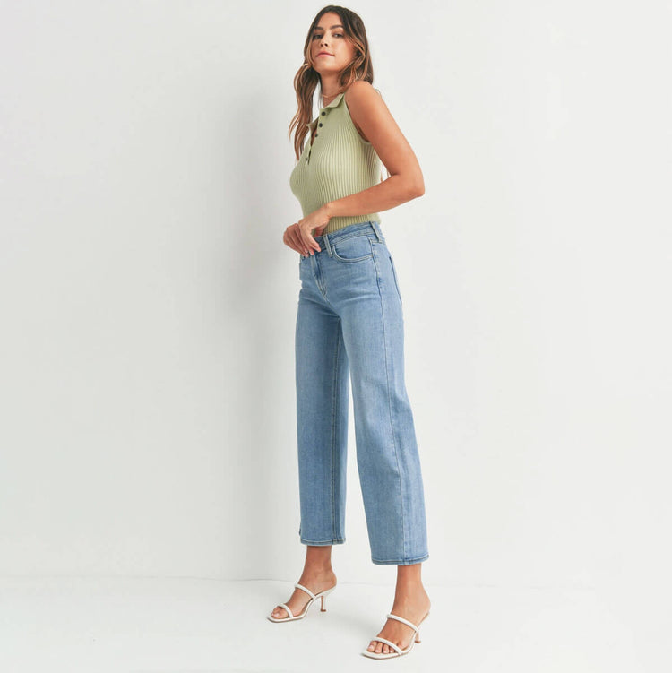 Classic Slim Wide Leg Jeans  med wash side | MILK MONEY milkmoney.co | cute clothes for women. womens online clothing. trendy online clothing stores. womens casual clothing online. trendy clothes online. trendy women's clothing online. ladies online clothing stores. trendy women's clothing stores. cute female clothes.
