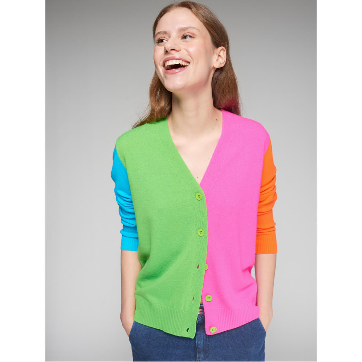 Vilagallo Color Block V-Neck Cardigan front pink | MILK MONEY milkmoney.co | cute tops for women. trendy tops for women. cute blouses for women. stylish tops for women. pretty womens tops. 
