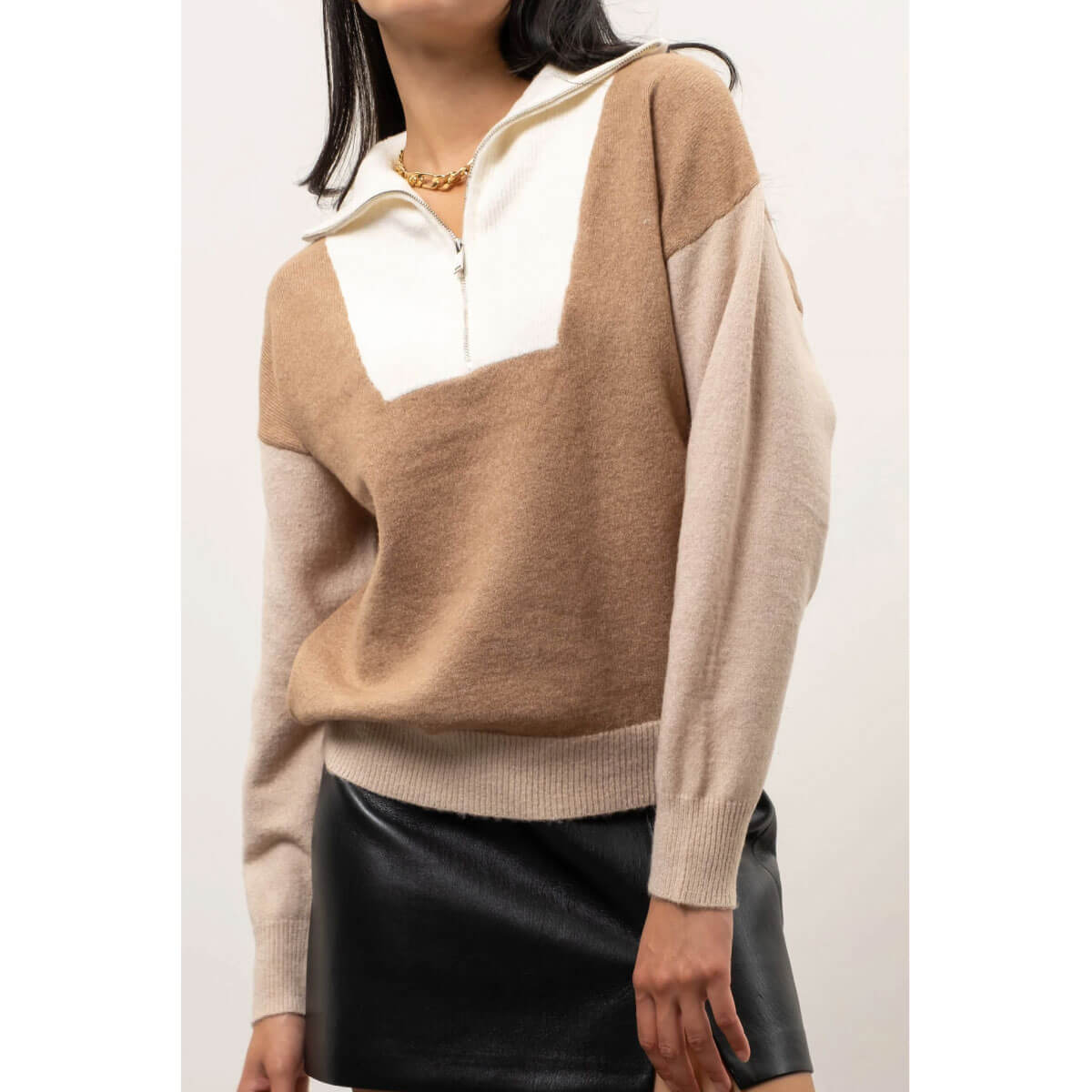 Color Blocked Half-Zip Sweater brown front | MILK MONEY milkmoney.co | cute clothes for women. womens online clothing. trendy online clothing stores. womens casual clothing online. trendy clothes online. trendy women's clothing online. ladies online clothing stores. trendy women's clothing stores. cute female clothes.