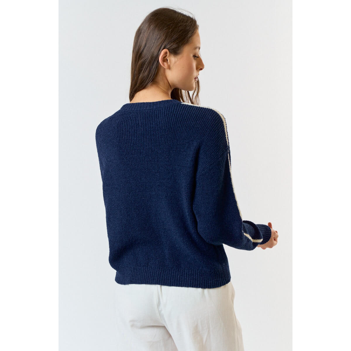 Crew Neck Single Striped Sweater blue back | MILK MONEY milkmoney.co | cute tops for women. trendy tops for women. cute blouses for women. stylish tops for women. pretty womens tops.