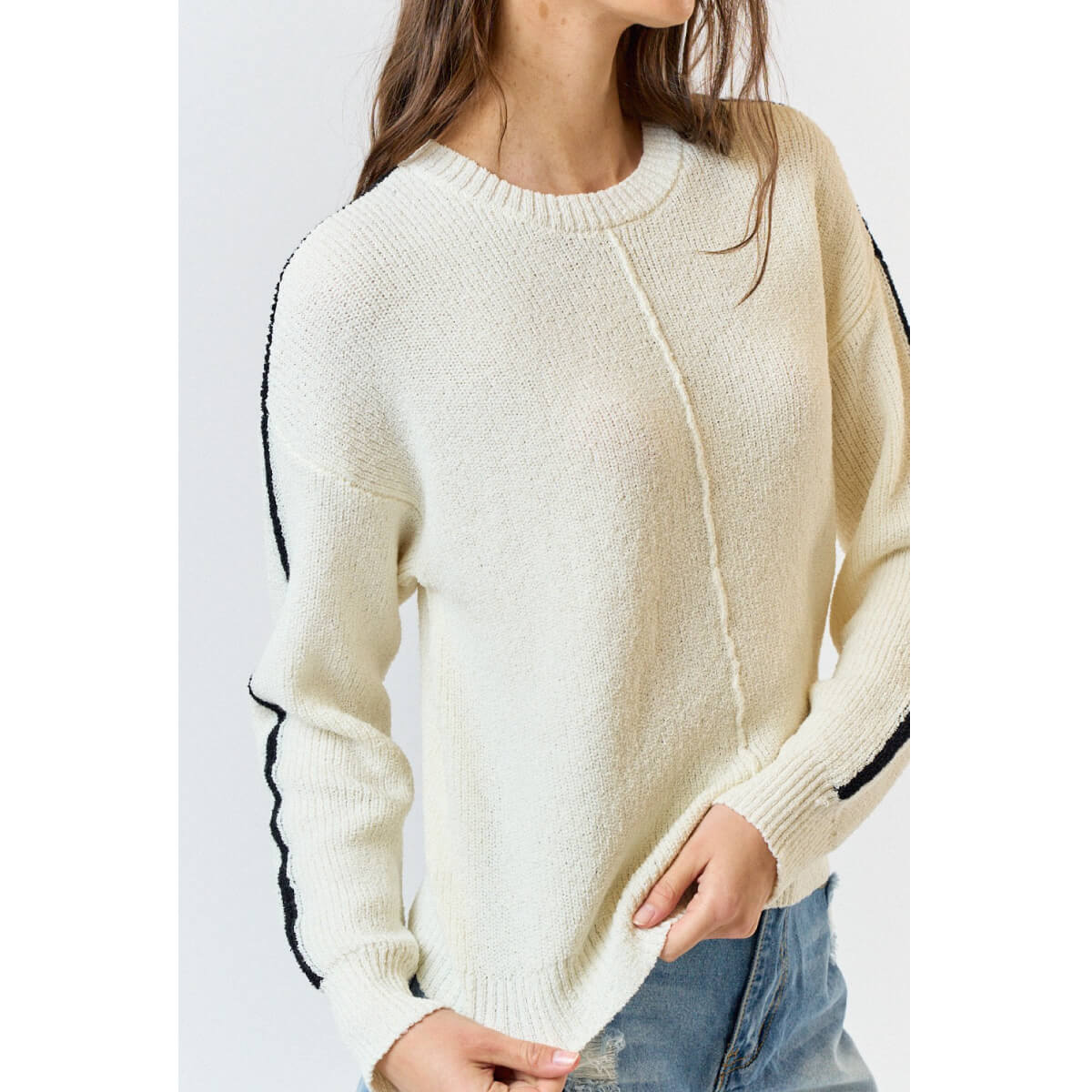 Crew Neck Single Striped Sweater white front | MILK MONEY milkmoney.co | cute tops for women. trendy tops for women. cute blouses for women. stylish tops for women. pretty womens tops.