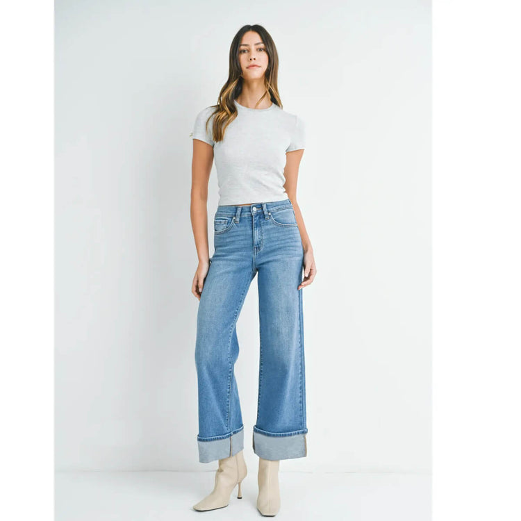 Cuffed Hem Palazzo Jeans blue front | MILK MONEY milkmoney.co | cute pants for women. cute trendy pants.