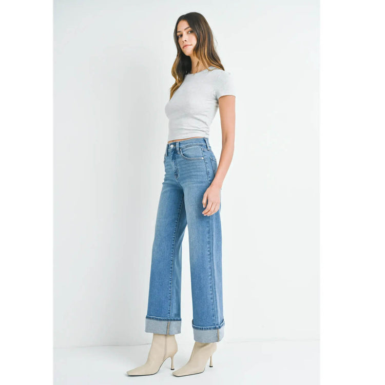 Cuffed Hem Palazzo Jeans blue side | MILK MONEY milkmoney.co | cute pants for women. cute trendy pants.