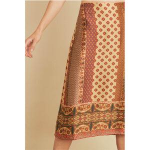 Daring Border Silky Midi Skirt brown front | MILK MONEY milkmoney.co | cute clothes for women. womens online clothing. trendy online clothing stores. womens casual clothing online. trendy clothes online. trendy women's clothing online. ladies online clothing stores. trendy women's clothing stores. cute female clothes.