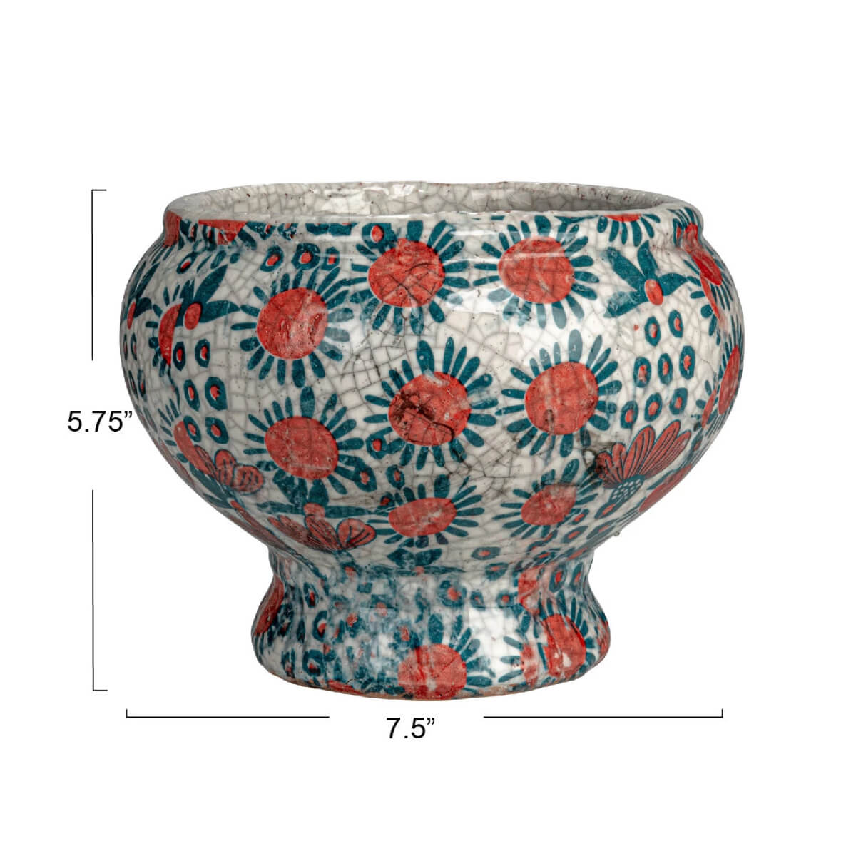 Decorative Printed Terra-cotta Footed Planter front red green | MILK MONEY milkmoney.co | 	Home decor online, Modern home decor, Luxury home furnishings, Best home decor, Home accessories for sale, Living room furniture sets, Kitchen decor ideas, Wall art for home, Bathroom accessories, Vintage home decor, Minimalist home decor
