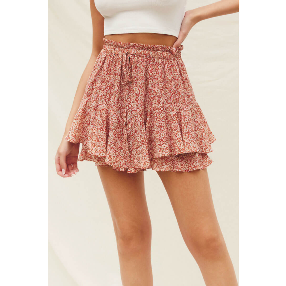 Ditsy Floral Double Flared Skort rust front | MILK MONEY milkmoney.co | cute clothes for women. womens online clothing. trendy online clothing stores. womens casual clothing online. trendy clothes online. trendy women's clothing online. ladies online clothing stores. trendy women's clothing stores. cute female clothes.