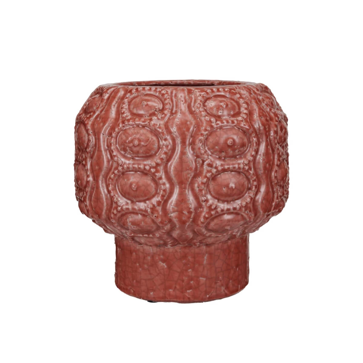 Embossed Terra-cotta Footed Planter  red front | MILK MONEY milkmoney.co | 	Home decor online, Modern home decor, Luxury home furnishings, Best home decor, Home accessories for sale, Living room furniture sets, Kitchen decor ideas, Wall art for home, Bathroom accessories, Vintage home decor, Minimalist home decor
