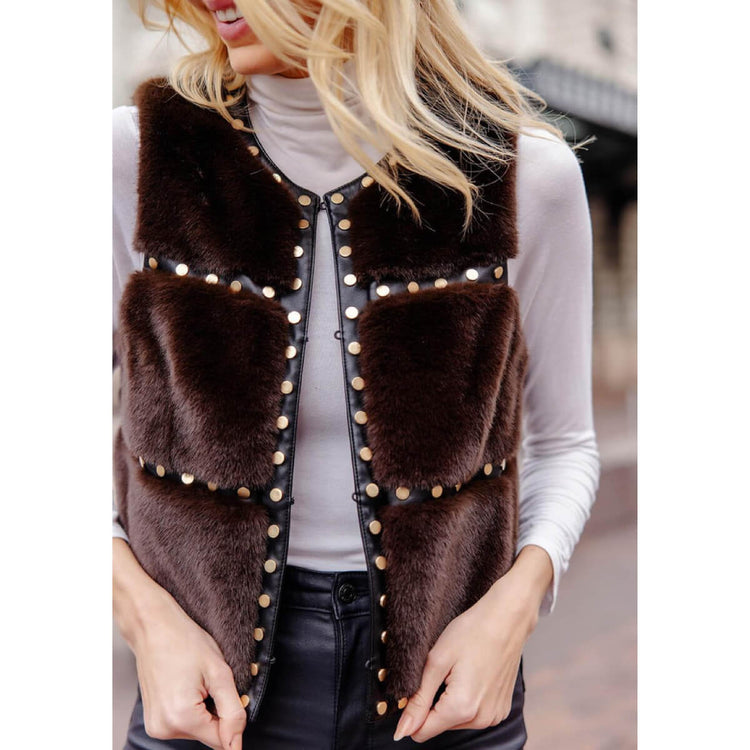 Espresso Faux Fur Giselle Studded Vest brown front | MILK MONEY milkmoney.co | cute jackets for women. cute coats. cool jackets for women. stylish jackets for women. trendy jackets for women. trendy womens coats.
