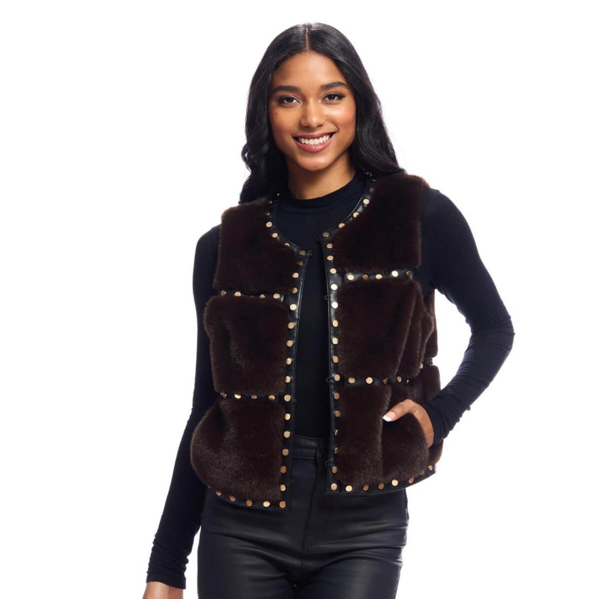 Espresso Faux Fur Giselle Studded Vest brown front | MILK MONEY milkmoney.co | cute jackets for women. cute coats. cool jackets for women. stylish jackets for women. trendy jackets for women. trendy womens coats.
