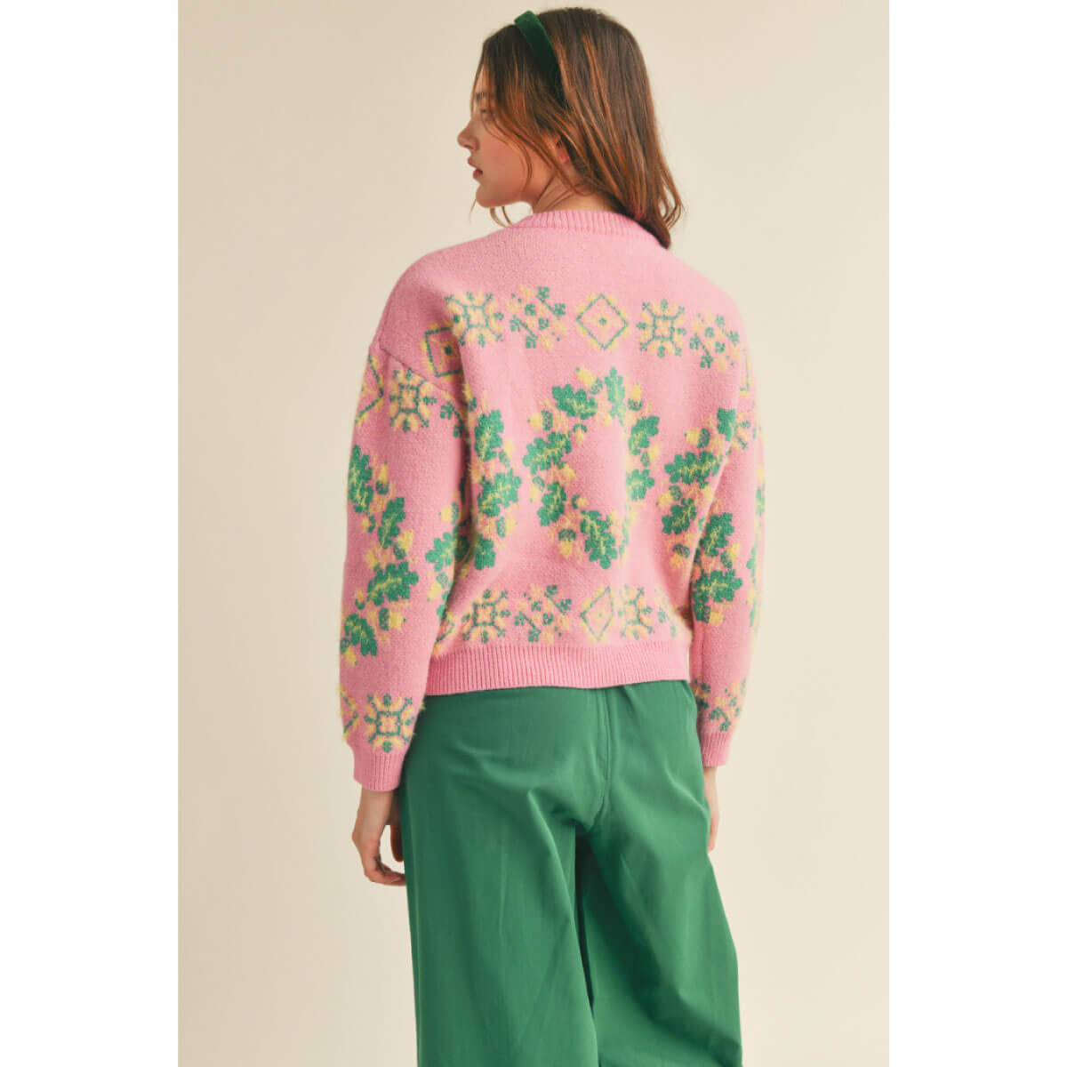 Fair Isle Wreath Knit Sweater pink back  | MILK MONEY milkmoney.co | cute sweaters for women, cute knit sweaters, cute pullover sweaters
