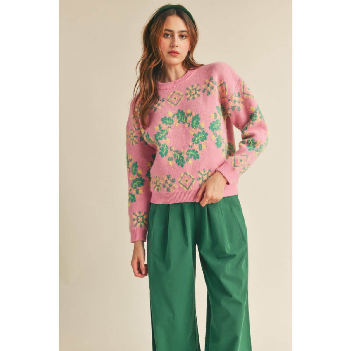 Fair Isle Wreath Knit Sweater pink front | MILK MONEY milkmoney.co | cute sweaters for women, cute knit sweaters, cute pullover sweaters