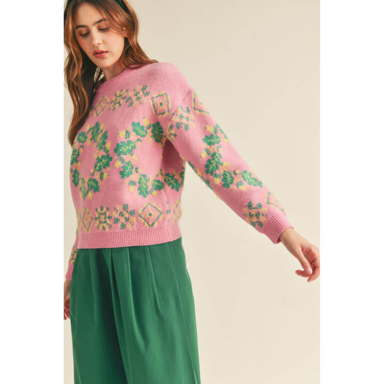 Fair Isle Wreath Knit Sweater pink front | MILK MONEY milkmoney.co | cute sweaters for women, cute knit sweaters, cute pullover sweaters