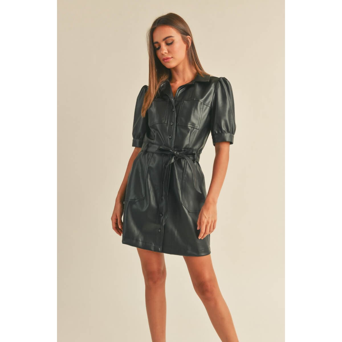 Faux Leather Shirt Mini Dress black front | MILK MONEY milkmoney.co | cute clothes for women. womens online clothing. trendy online clothing stores. womens casual clothing online. trendy clothes online. trendy women's clothing online. ladies online clothing stores. trendy women's clothing stores. cute female clothes.