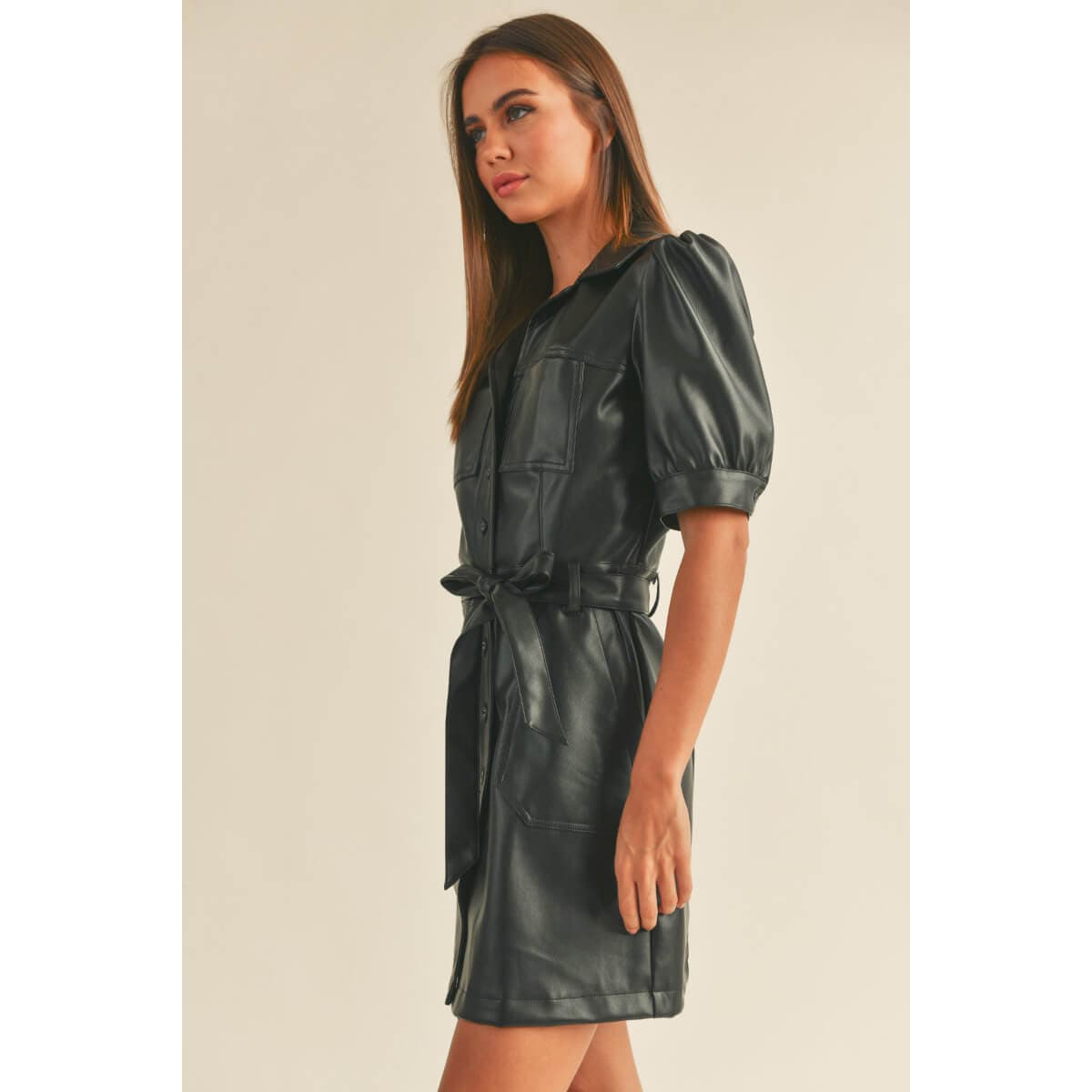 Faux Leather Shirt Mini Dress black side | MILK MONEY milkmoney.co | cute clothes for women. womens online clothing. trendy online clothing stores. womens casual clothing online. trendy clothes online. trendy women's clothing online. ladies online clothing stores. trendy women's clothing stores. cute female clothes.