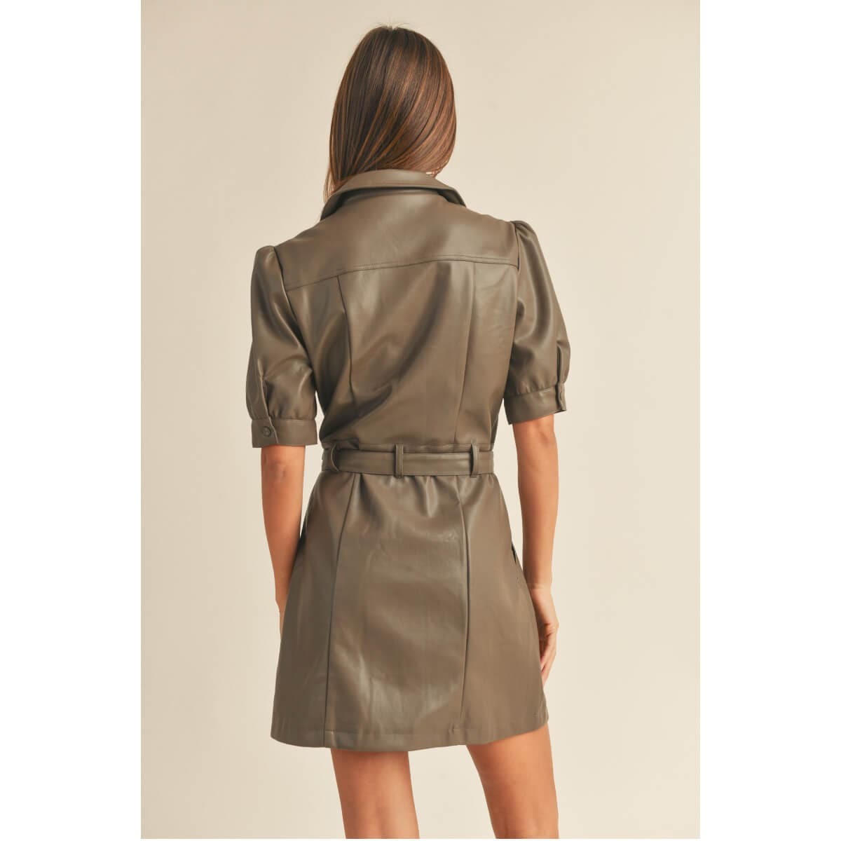 Faux Leather Shirt Mini Dress brown back | MILK MONEY milkmoney.co | cute clothes for women. womens online clothing. trendy online clothing stores. womens casual clothing online. trendy clothes online. trendy women's clothing online. ladies online clothing stores. trendy women's clothing stores. cute female clothes.