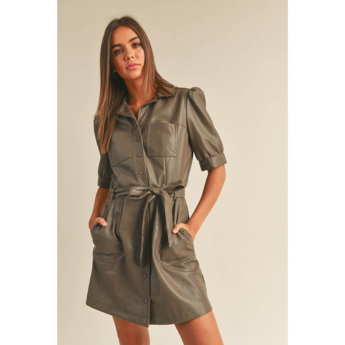 Faux Leather Shirt Mini Dress brown front | MILK MONEY milkmoney.co | cute clothes for women. womens online clothing. trendy online clothing stores. womens casual clothing online. trendy clothes online. trendy women's clothing online. ladies online clothing stores. trendy women's clothing stores. cute female clothes.