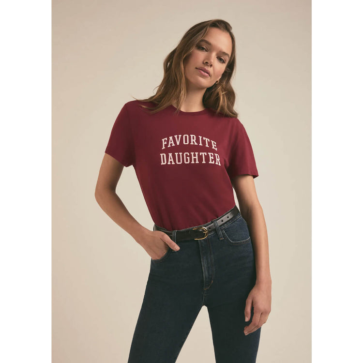 Favorite Daughter Cropped Collegiate Tee sangria front | MILK MONEY milkmoney.co | cute clothes for women. womens online clothing. trendy online clothing stores. womens casual clothing online. trendy clothes online. trendy women's clothing online. ladies online clothing stores. trendy women's clothing stores. cute female clothes.
