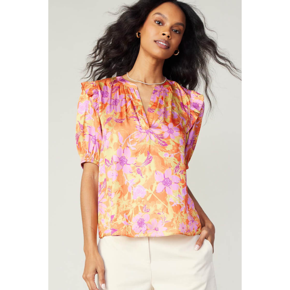 Floral Print V-Neck Blouse orange front | MILK MONEY milkmoney.co | cute tops for women. trendy tops for women. cute blouses for women. stylish tops for women. pretty womens tops. 