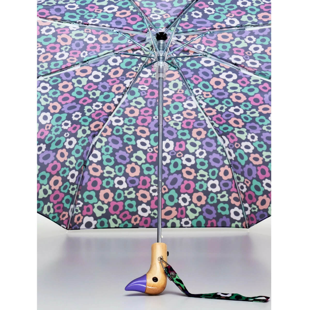 Flower Maze Compact Duckhead Umbrella front black | MILK MONEY milkmoney.co | white elephant gift ideas, gift, mother's day gift ideas, white elephant gift, gift shops near me, cute umbrella
