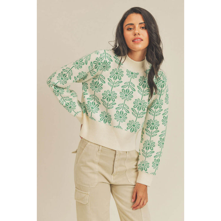 Flower Power Pullover Sweater green front | MILK MONEY milkmoney.co | cute clothes for women. womens online clothing. trendy online clothing stores. womens casual clothing online. trendy clothes online. trendy women's clothing online. ladies online clothing stores. trendy women's clothing stores. cute female clothes.