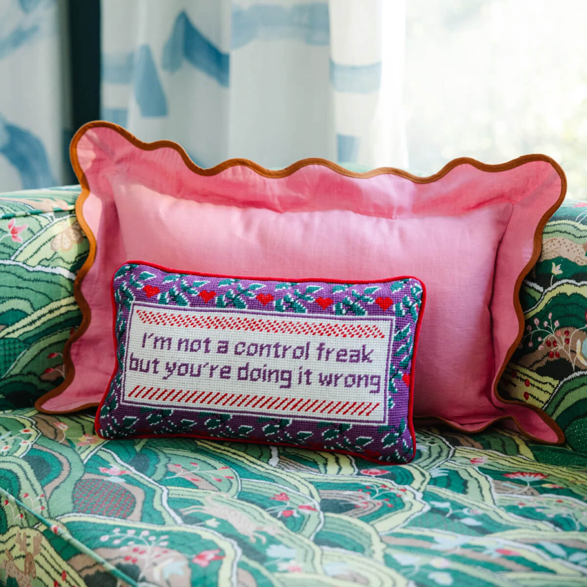 Furbish Studio Control Freak Needlepoint Pillow front | MILK MONEY milkmoney.co | white elephant gift ideas, gift, mother's day gift ideas, white elephant gift, gift shops near me, cute home decor, mother's day gift, cute home accents, handmade in USA, elegant home decor