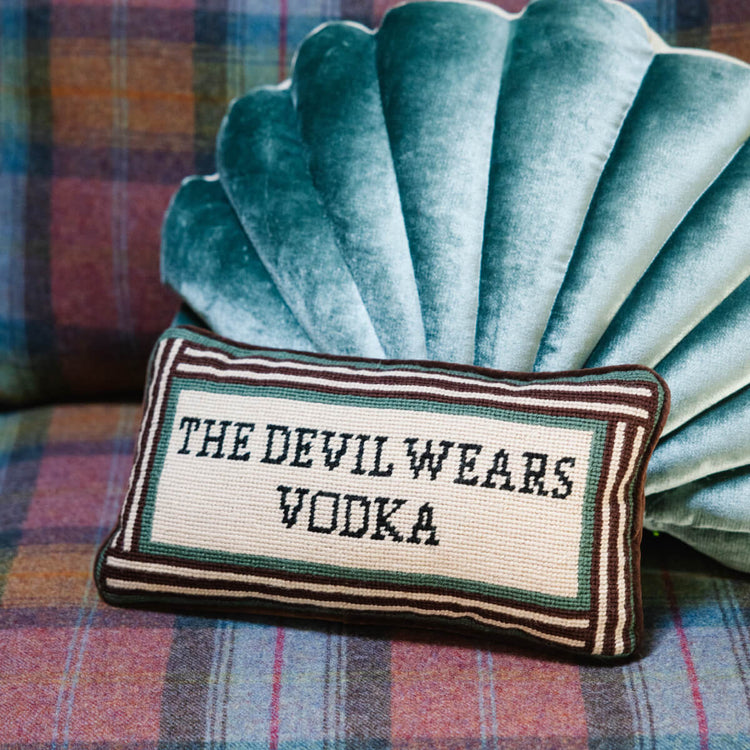 Furbish Studio Devil Wears Vodka Needlepoint Pillow front | MILK MONEY milkmoney.co | 	Home decor online, Modern home decor, Luxury home furnishings, Best home decor, Home accessories for sale, Living room furniture sets, Kitchen decor ideas, Wall art for home, Bathroom accessories, Vintage home decor, Minimalist home decor
