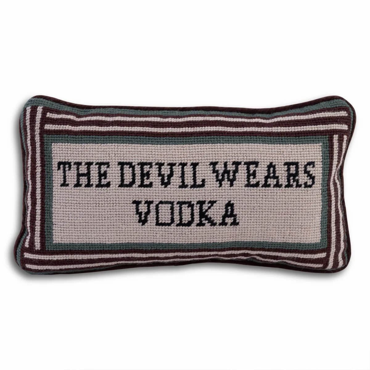 Furbish Studio Devil Wears Vodka Needlepoint Pillow front | MILK MONEY milkmoney.co | 	Home decor online, Modern home decor, Luxury home furnishings, Best home decor, Home accessories for sale, Living room furniture sets, Kitchen decor ideas, Wall art for home, Bathroom accessories, Vintage home decor, Minimalist home decor
