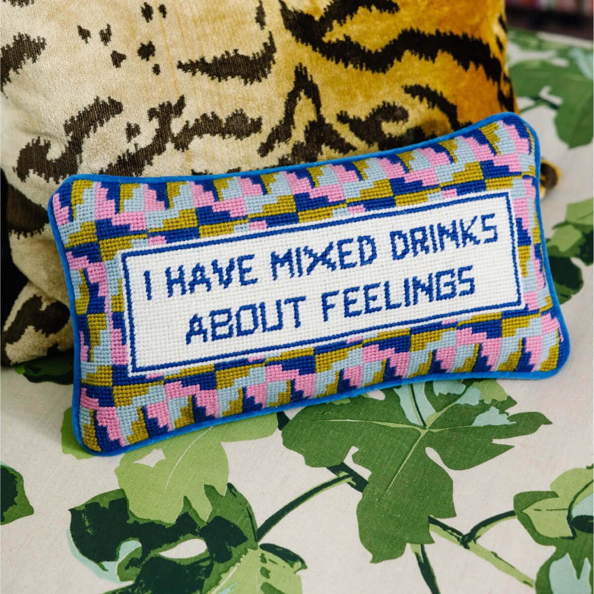 Furbish Studio Mixed Drinks Needlepoint Pillow front | MILK MONEY milkmoney.co | 	Home decor online, Modern home decor, Luxury home furnishings, Best home decor, Home accessories for sale, Living room furniture sets, Kitchen decor ideas, Wall art for home, Bathroom accessories, Vintage home decor, Minimalist home decor
