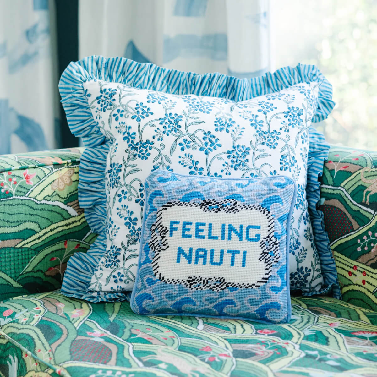 Furbish Studio Nauti Needlepoint Pillow blue front | MILK MONEY milkmoney.co | white elephant gift ideas, gift, mother's day gift ideas, white elephant gift, gift shops near me, cute home decor, mother's day gift, cute home accents, handmade in USA, elegant home decor
