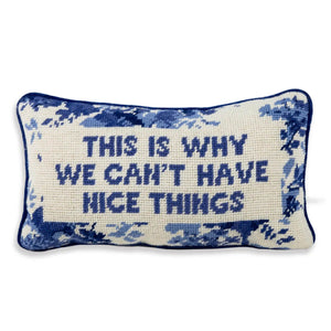 Furbish Studio Nice Things Needlepoint Pillow blue front | MILK MONEY milkmoney.co | 	Home decor online, Modern home decor, Luxury home furnishings, Best home decor, Home accessories for sale, Living room furniture sets, Kitchen decor ideas, Wall art for home, Bathroom accessories, Vintage home decor, Minimalist home decor
