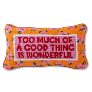 Furbish Studio Too Much Needlepoint Pillow pink front | MILK MONEY milkmoney.co | 	Home decor online, Modern home decor, Luxury home furnishings, Best home decor, Home accessories for sale, Living room furniture sets, Kitchen decor ideas, Wall art for home, Bathroom accessories, Vintage home decor, Minimalist home decor
