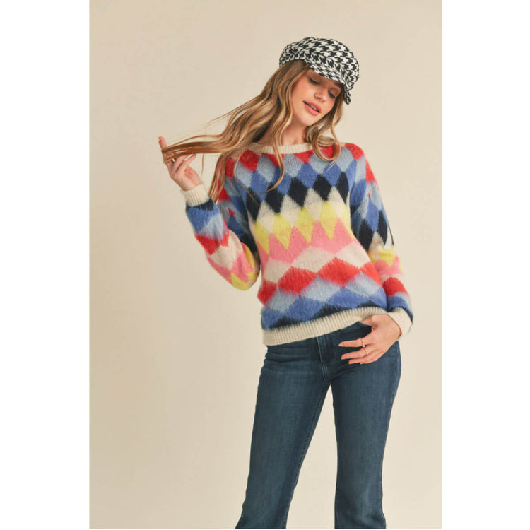 Fuzzy Diamond Knit Sweater blue front | MILK MONEY milkmoney.co | cute sweaters for women, cute knit sweaters, cute pullover sweaters