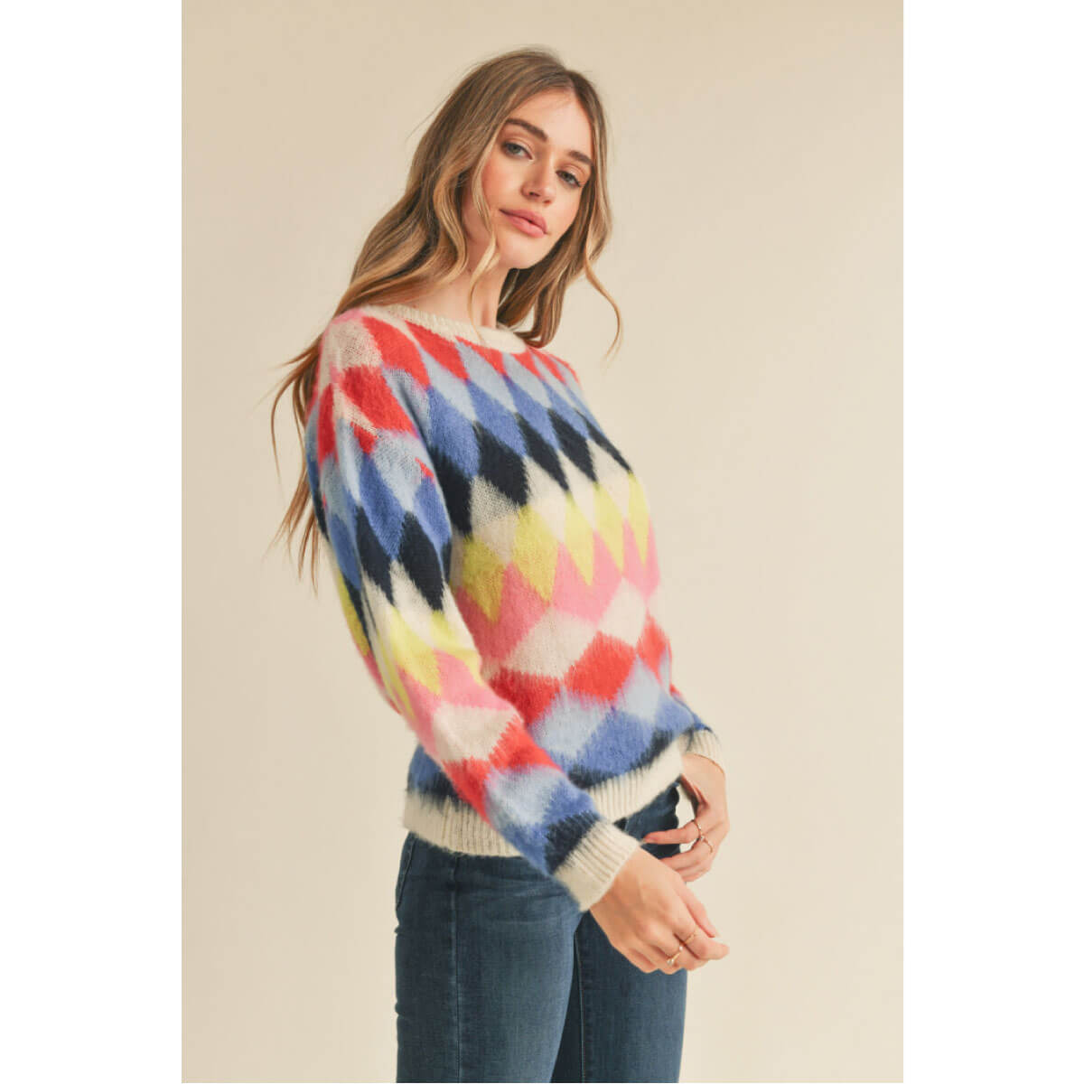 Fuzzy Diamond Knit Sweater blue side| MILK MONEY milkmoney.co | cute sweaters for women, cute knit sweaters, cute pullover sweaters