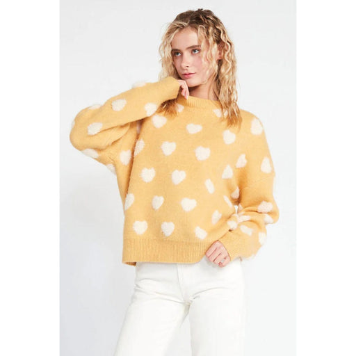 Fuzzy Heart Crew Neck Sweater mustard front | MILK MONEY milkmoney.co | cute clothes for women. womens online clothing. trendy online clothing stores. womens casual clothing online. trendy clothes online. trendy women's clothing online. ladies online clothing stores. trendy women's clothing stores. cute female clothes.